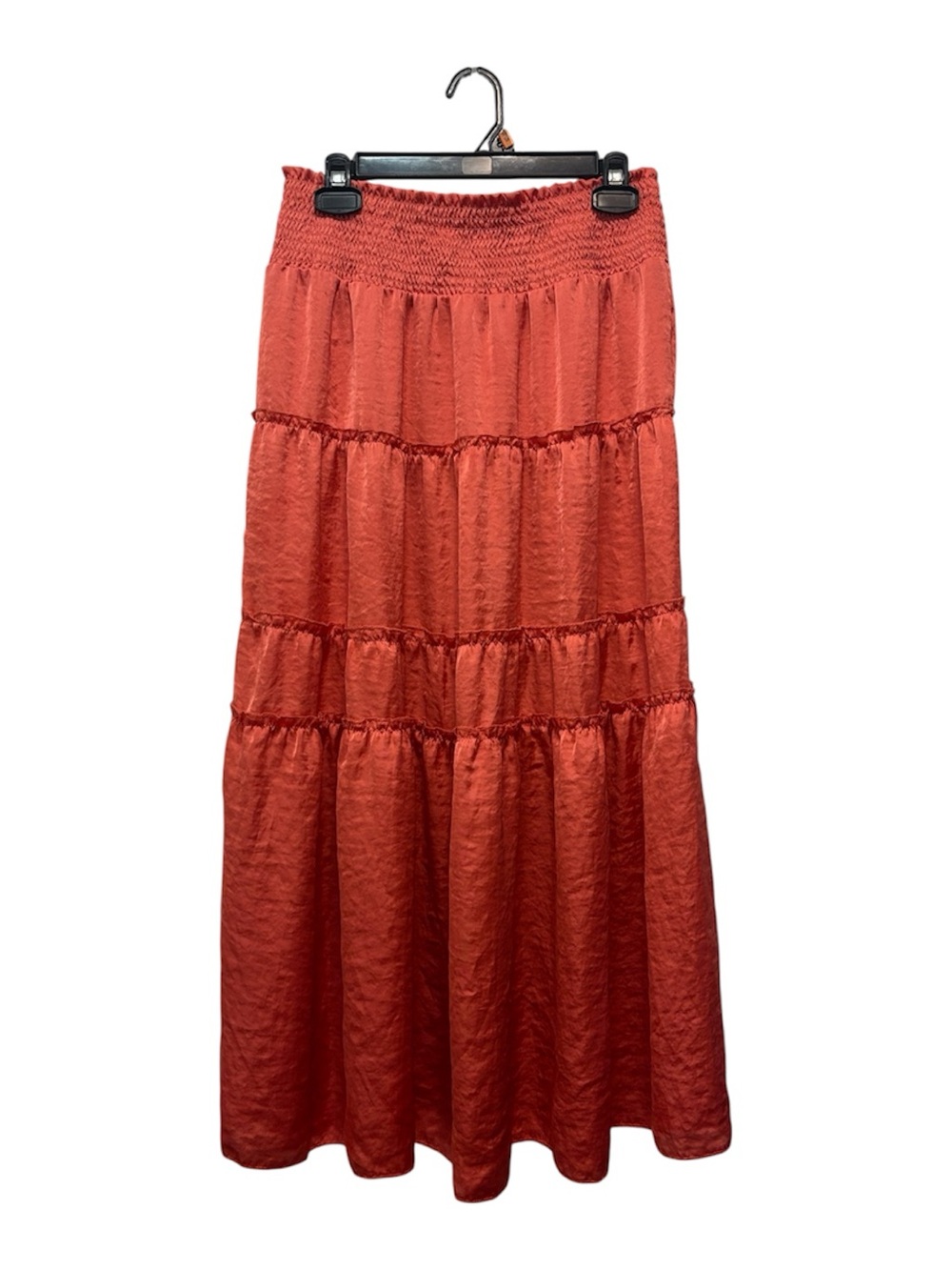 Smocked Waist Tiered Maxi Skirt in satin Rust Flowy Bohemian Peasant Style